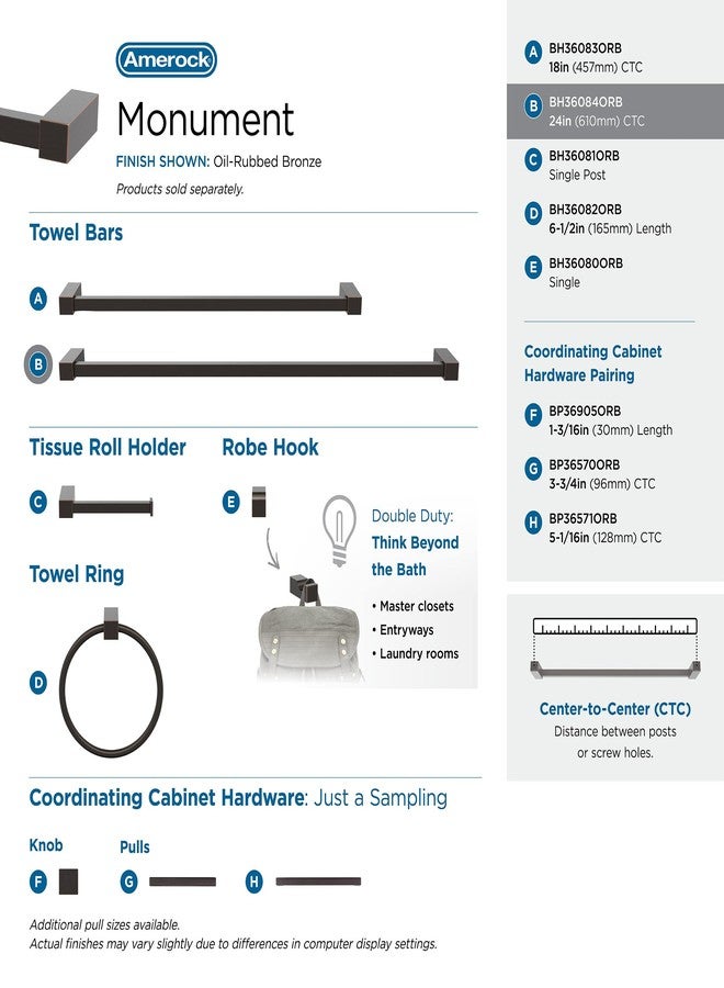 Amerock BH36084ORB | Oil Rubbed Bronze Towel Bar | 24 in (610 mm) Towel Rack | Monument | Bathroom Towel Holder | Bathroom Hardware | Bath Accessories - Image 4