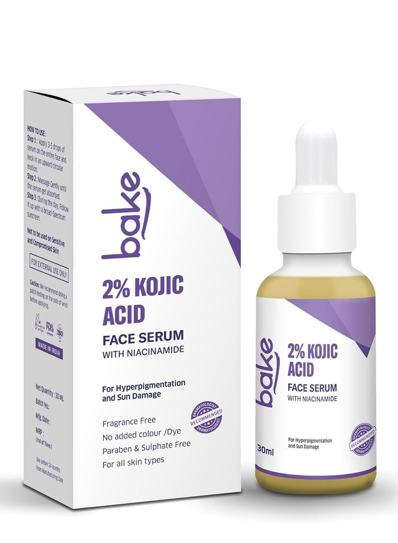 BAKE 2% Kojic Acid Face Serum with 5% Niacinamide & 2% Glycolic Acid for Pigmentation & Dark Spots | For Dark Circles, Tan Removal & Sun Damaged Skin | Skin Brightening & Glowing | 30ml - Image 1