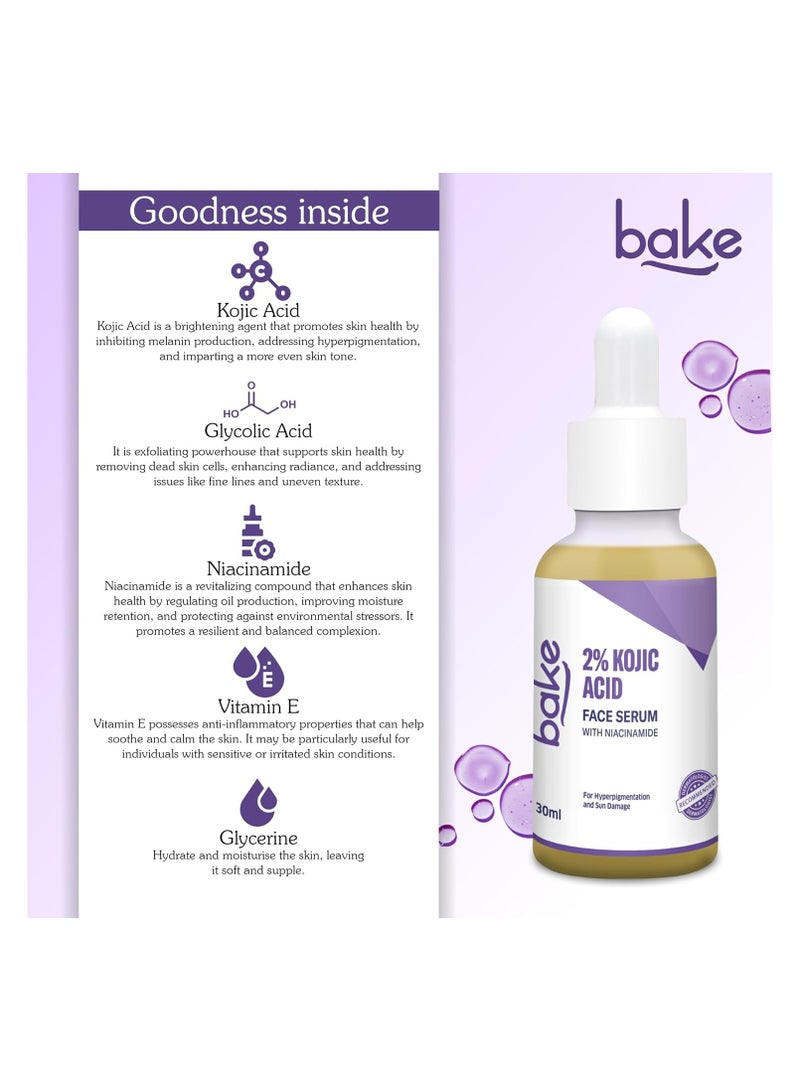 BAKE 2% Kojic Acid Face Serum with 5% Niacinamide & 2% Glycolic Acid for Pigmentation & Dark Spots | For Dark Circles, Tan Removal & Sun Damaged Skin | Skin Brightening & Glowing | 30ml - Image 4