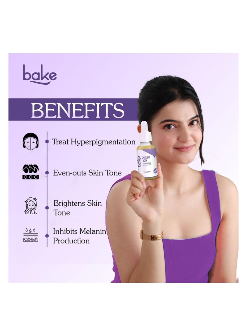 BAKE 2% Kojic Acid Face Serum with 5% Niacinamide & 2% Glycolic Acid for Pigmentation & Dark Spots | For Dark Circles, Tan Removal & Sun Damaged Skin | Skin Brightening & Glowing | 30ml - Image 2