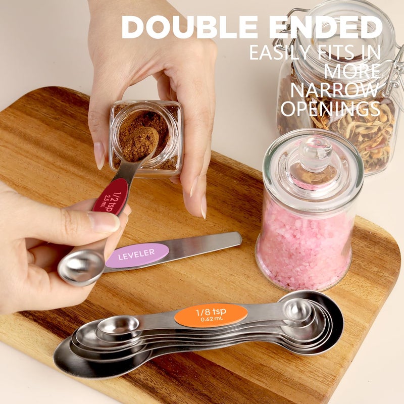 ChefAide Pack of 8 Stainless Steel Magnetic Measuring Spoons Set, Dual Sided, Stackable, Adjustable Teaspoon and Tablespoon Measure Spoon with Leveler, Kitchen Gadgets - Image 4
