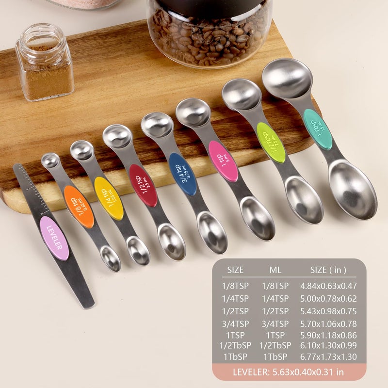 ChefAide Pack of 8 Stainless Steel Magnetic Measuring Spoons Set, Dual Sided, Stackable, Adjustable Teaspoon and Tablespoon Measure Spoon with Leveler, Kitchen Gadgets - Image 2