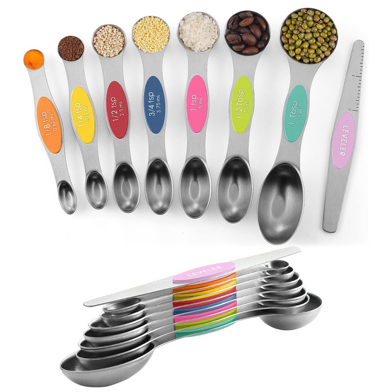 ChefAide Pack of 8 Stainless Steel Magnetic Measuring Spoons Set, Dual Sided, Stackable, Adjustable Teaspoon and Tablespoon Measure Spoon with Leveler, Kitchen Gadgets - Image 1