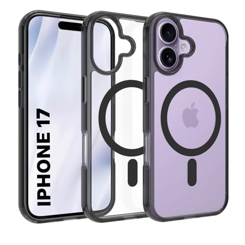 RIGGEAR Shockproof Clear Hybrid Armor Magnetic Back Cover Case Compatible with MagSafe Accessories for iPhone 17 (Clear-Black TPU Bumper + Transparent PC) (Black MagRing) - Image 1