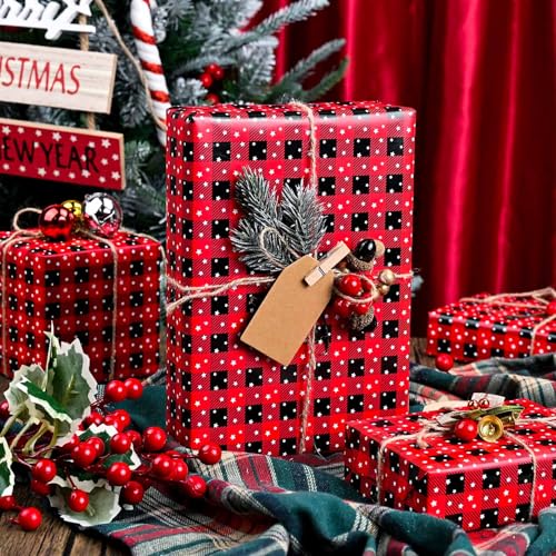MAYPLUSS Wrapping Paper Roll 17in* 32.8 feet Red and Black Plaid with White Star for Christmas,Birthday,Party,Holiday,Vintage Wrapping Paper for all Occassions (TTL:46.8sqft) - Image 2