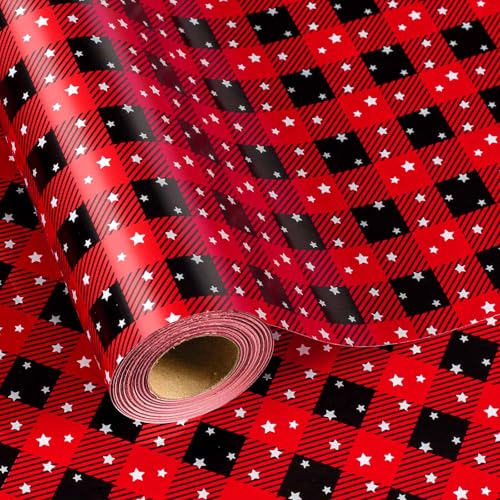 MAYPLUSS Wrapping Paper Roll 17in* 32.8 feet Red and Black Plaid with White Star for Christmas,Birthday,Party,Holiday,Vintage Wrapping Paper for all Occassions (TTL:46.8sqft) - Image 1