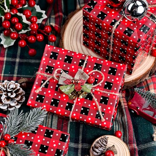 MAYPLUSS Wrapping Paper Roll 17in* 32.8 feet Red and Black Plaid with White Star for Christmas,Birthday,Party,Holiday,Vintage Wrapping Paper for all Occassions (TTL:46.8sqft) - Image 3