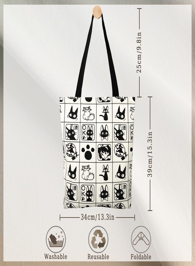 CosInStyle Cotton Canvas Reusable Grocery Bags Tote Bag with Inner Pocke, Black And White Pattern Printing. Totes Bags Shopping Gym And Travel (cat style) - Image 2