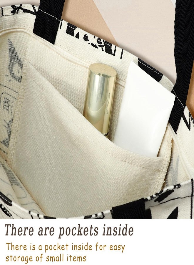 CosInStyle Cotton Canvas Reusable Grocery Bags Tote Bag with Inner Pocke, Black And White Pattern Printing. Totes Bags Shopping Gym And Travel (cat style) - Image 3