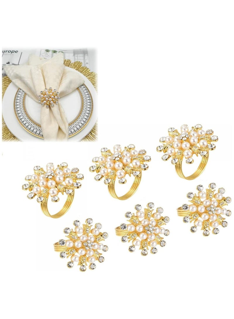 Bluejw Golden Napkin Rings 6Pcs Flower Pearl Rhinestone Ring Holder for Wedding Party Home Kitchen Dining Table Linen Accessories Hotel Diamond Buckle Metal - Image 1