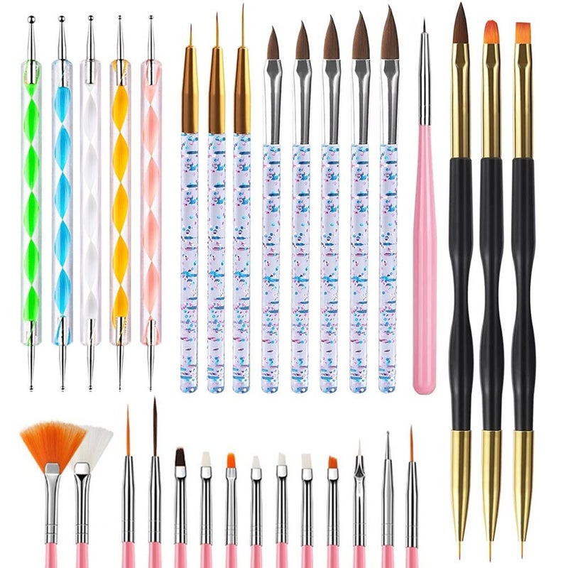 FULINJOY 31PCS Nail Art Brushes Nail Art Tool Set Double Ended Nail Dotting Tools Nail Dust Brush Striping Nail Art Brushes for Long Lines Nail Drawing Pen For Nail Design