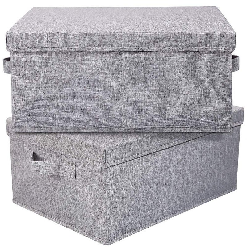HOONEX Linen Foldable Storage Bins with Lids 2 Pack Storage Boxes with Carrying Handles and Sturdy Heavy Cardboard 165 L x 118 W x 75 H for Shoes Books Clothes Light Grey
