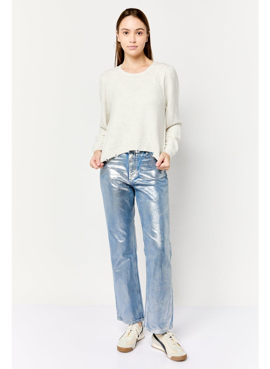 Aerie Women Crew Neck Textured Sweaters, Light Grey  - Image 4