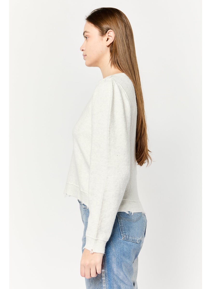 Aerie Women Crew Neck Textured Sweaters, Light Grey  - Image 2