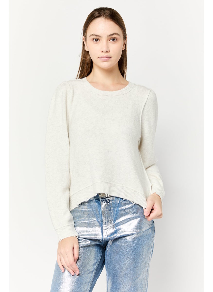 Aerie Women Crew Neck Textured Sweaters, Light Grey  - Image 1