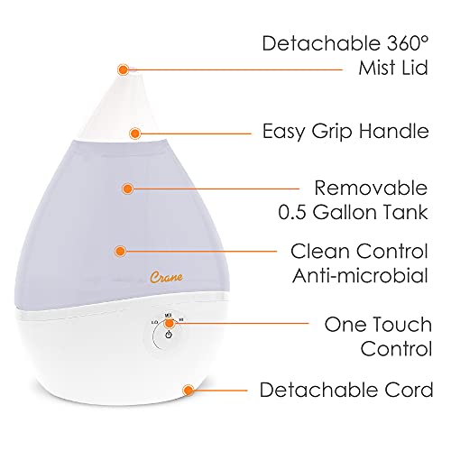 Crane Teardrop Ultrasonic Cool Mist Humidifier for Baby Nursery, 0.5 Gallon, Adjustable Settings, Essential Oil Diffuser White - Image 3
