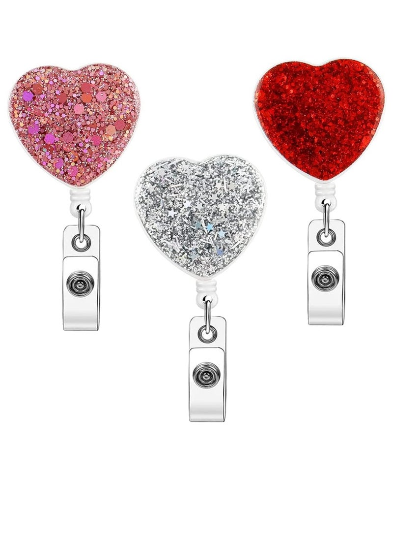 Bukela 3 Pack ID Card Holder Retractable Clip, Retractable ID Badge Holder Reel with Alligator Clip, ID Card Supplies, Bling Name Badge Reels Card Holder for Office Worker Teacher Doctor Nurse (Heart) - Image 1