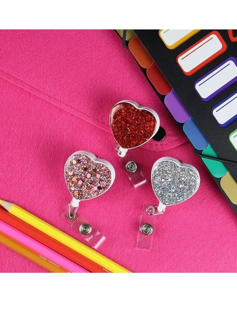 Bukela 3 Pack ID Card Holder Retractable Clip, Retractable ID Badge Holder Reel with Alligator Clip, ID Card Supplies, Bling Name Badge Reels Card Holder for Office Worker Teacher Doctor Nurse (Heart) - Image 2