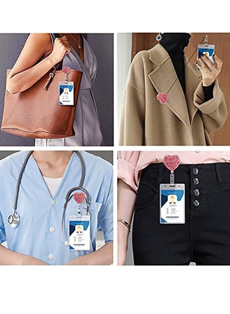 Bukela 3 Pack ID Card Holder Retractable Clip, Retractable ID Badge Holder Reel with Alligator Clip, ID Card Supplies, Bling Name Badge Reels Card Holder for Office Worker Teacher Doctor Nurse (Heart) - Image 3