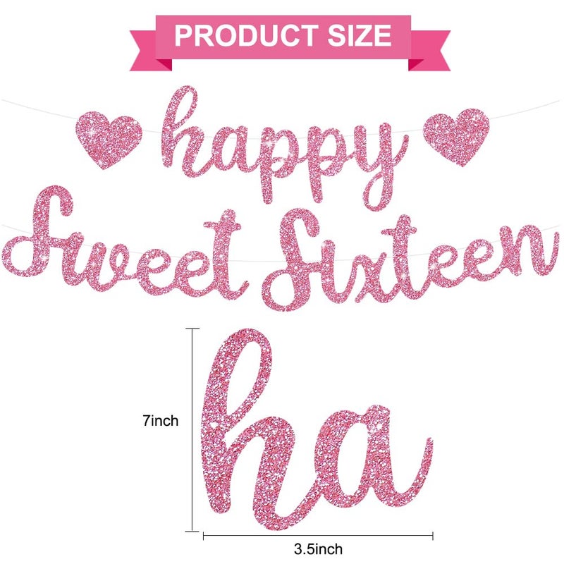 BEISHIDA Pink Glitter Happy Sweet 16 Birthday Banner, Pre-Strung Glitter Happy 16 Birthday Decoration for Girlsï¼ŒHappy 16th Birthday Sign for Women, Girls - Image 2