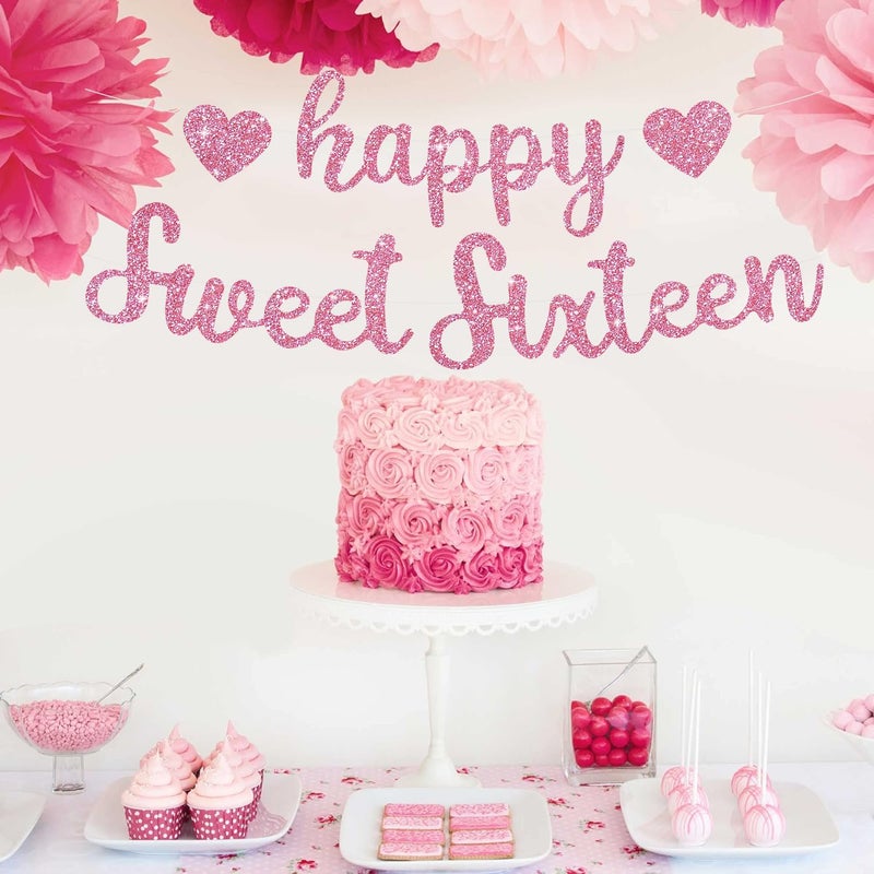 BEISHIDA Pink Glitter Happy Sweet 16 Birthday Banner, Pre-Strung Glitter Happy 16 Birthday Decoration for Girlsï¼ŒHappy 16th Birthday Sign for Women, Girls - Image 5