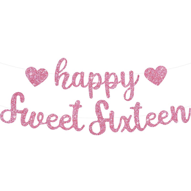 BEISHIDA Pink Glitter Happy Sweet 16 Birthday Banner, Pre-Strung Glitter Happy 16 Birthday Decoration for Girlsï¼ŒHappy 16th Birthday Sign for Women, Girls - Image 1