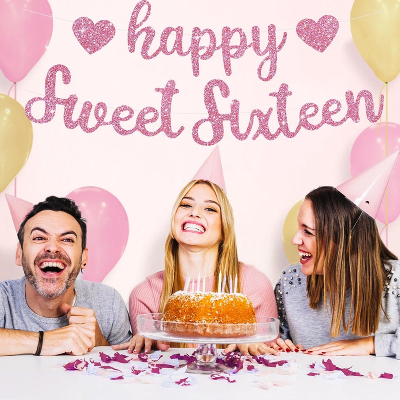 BEISHIDA Pink Glitter Happy Sweet 16 Birthday Banner, Pre-Strung Glitter Happy 16 Birthday Decoration for Girlsï¼ŒHappy 16th Birthday Sign for Women, Girls - Image 4