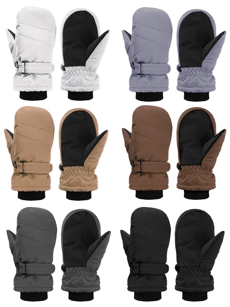 Newcotte 6 Pairs Winter Ski Mittens Kids Waterproof Warm Snow Gloves for Boys Girls Cold Weather Outdoor Activities(White, Light Gray, Light Brown, Brown, Dark Gray, Black,5-8 Years) - Image 1