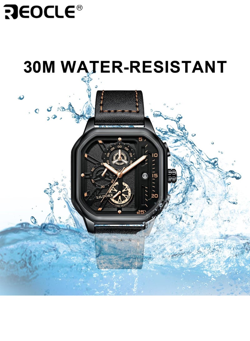 REOCLE Men's Sports Watch Quartz Movement Square Alloy Case Faux Leather Strap Battery Powered with Calendar Feature Stylish Everyday Wear for Casual and Business Use - Image 5