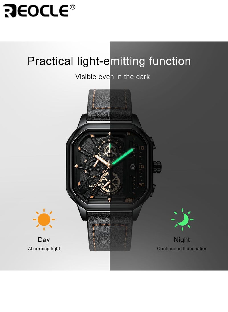 REOCLE Men's Sports Watch Quartz Movement Square Alloy Case Faux Leather Strap Battery Powered with Calendar Feature Stylish Everyday Wear for Casual and Business Use - Image 3