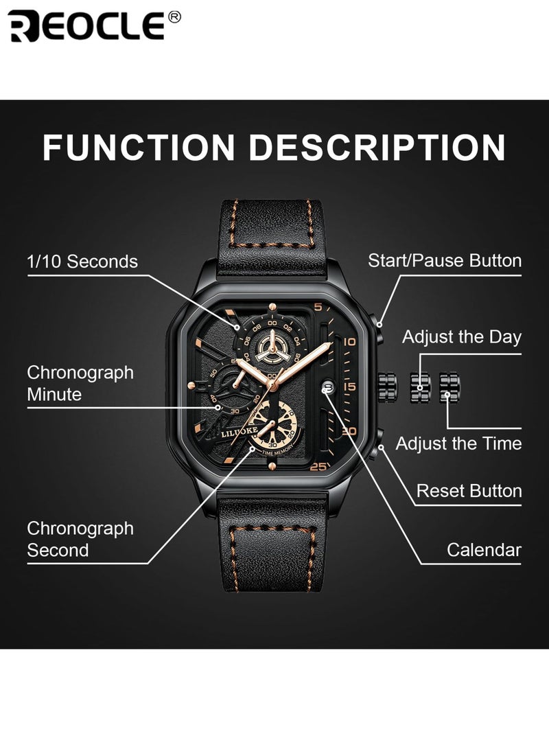 REOCLE Men's Sports Watch Quartz Movement Square Alloy Case Faux Leather Strap Battery Powered with Calendar Feature Stylish Everyday Wear for Casual and Business Use - Image 4