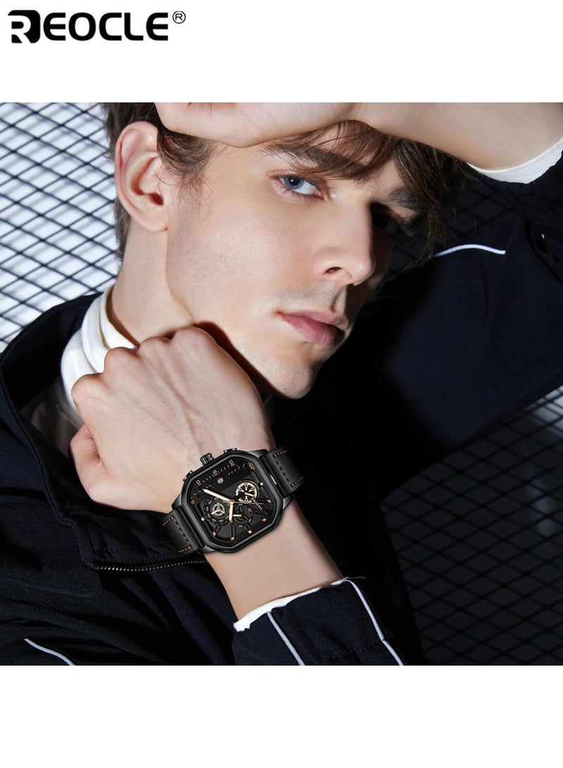 REOCLE Men's Sports Watch Quartz Movement Square Alloy Case Faux Leather Strap Battery Powered with Calendar Feature Stylish Everyday Wear for Casual and Business Use - Image 2
