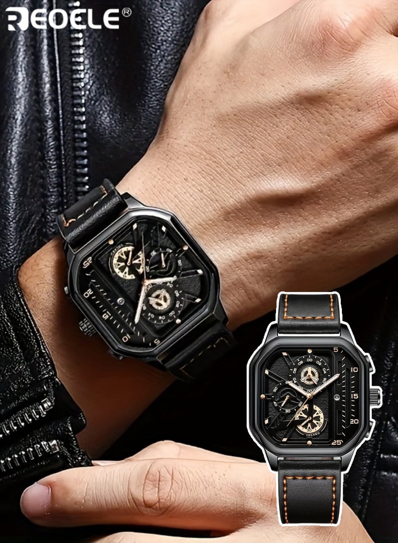 REOCLE Men's Sports Watch Quartz Movement Square Alloy Case Faux Leather Strap Battery Powered with Calendar Feature Stylish Everyday Wear for Casual and Business Use - Image 1