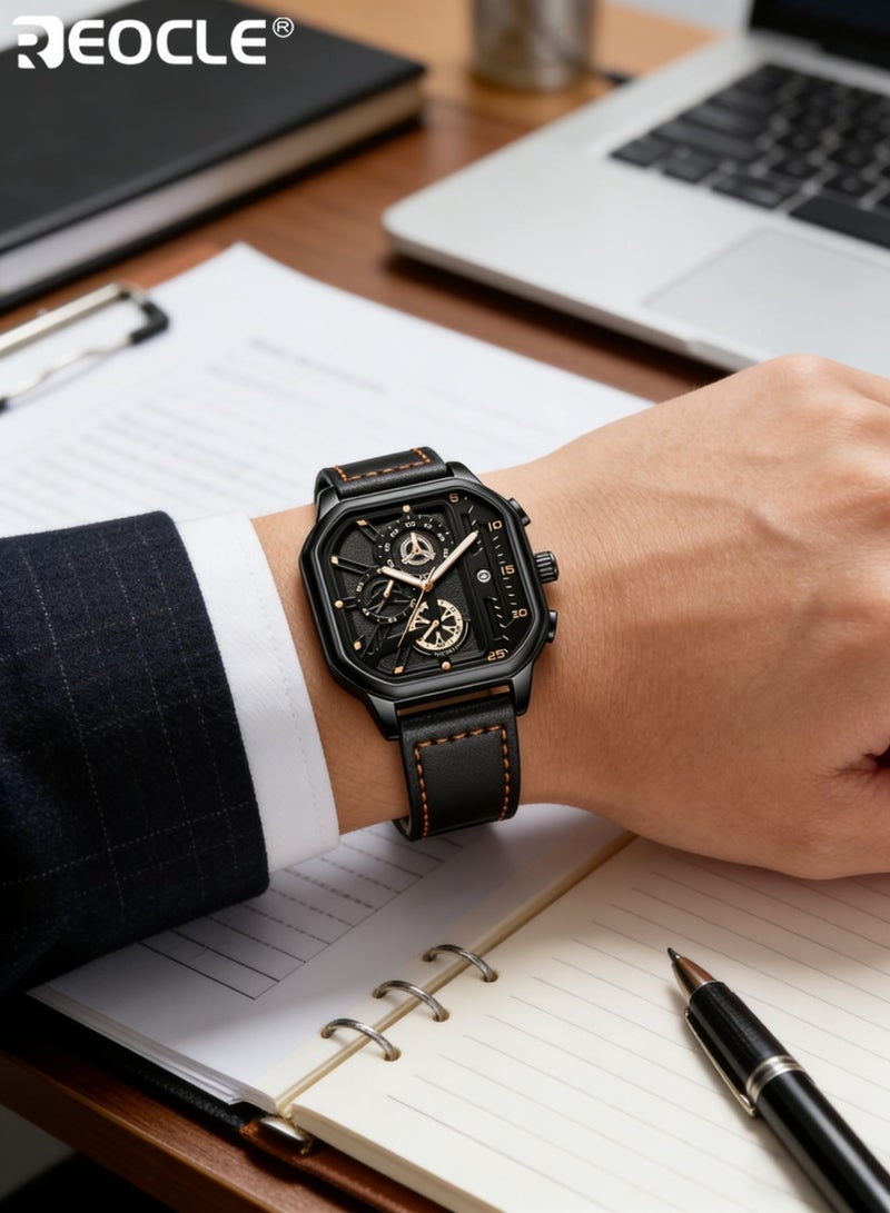 REOCLE Men's Sports Watch Quartz Movement Square Alloy Case Faux Leather Strap Battery Powered with Calendar Feature Stylish Everyday Wear for Casual and Business Use - Image 3