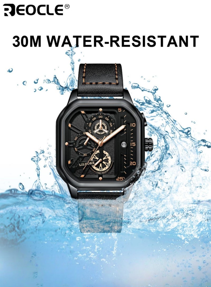 REOCLE Men's Sports Watch Quartz Movement Square Alloy Case Faux Leather Strap Battery Powered with Calendar Feature Stylish Everyday Wear for Casual and Business Use - Image 5