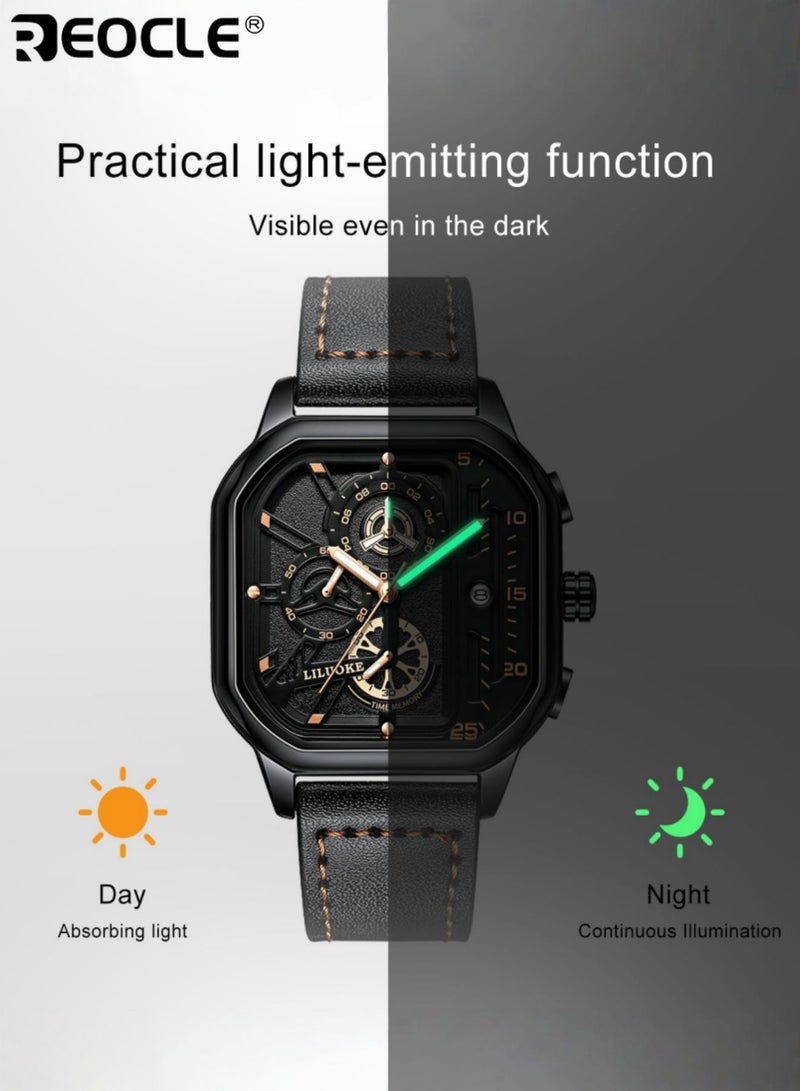 REOCLE Men's Sports Watch Quartz Movement Square Alloy Case Faux Leather Strap Battery Powered with Calendar Feature Stylish Everyday Wear for Casual and Business Use - Image 4