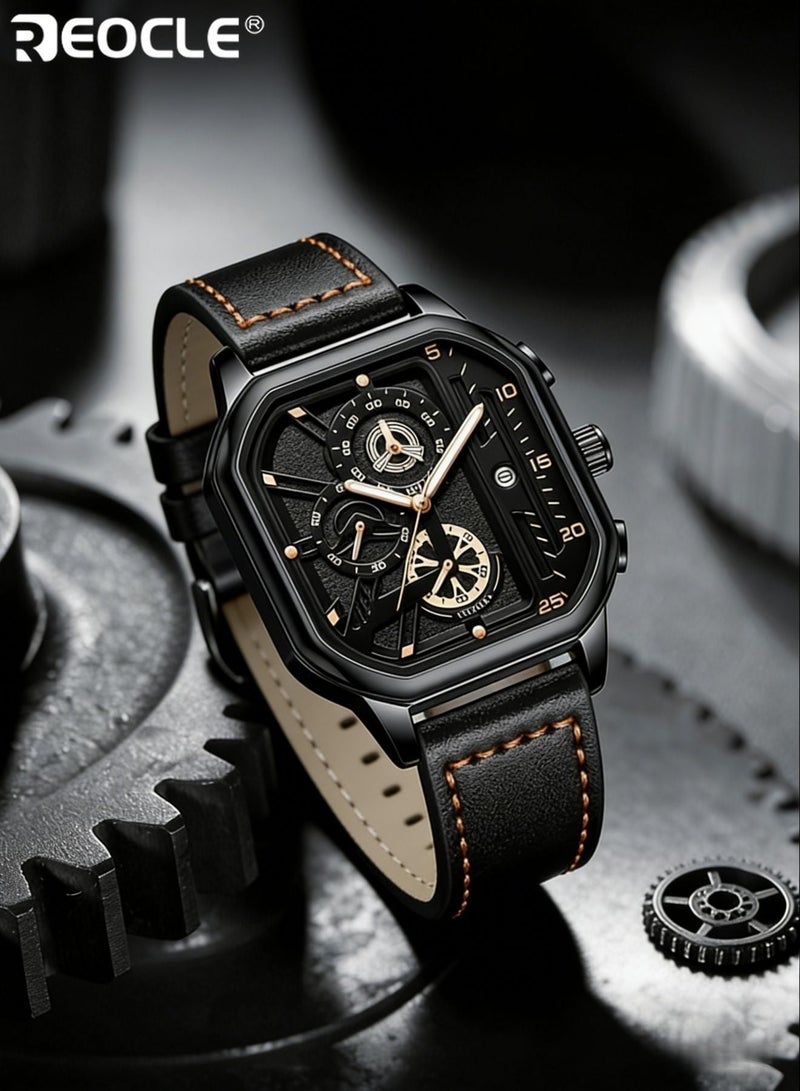 REOCLE Men's Sports Watch Quartz Movement Square Alloy Case Faux Leather Strap Battery Powered with Calendar Feature Stylish Everyday Wear for Casual and Business Use - Image 2