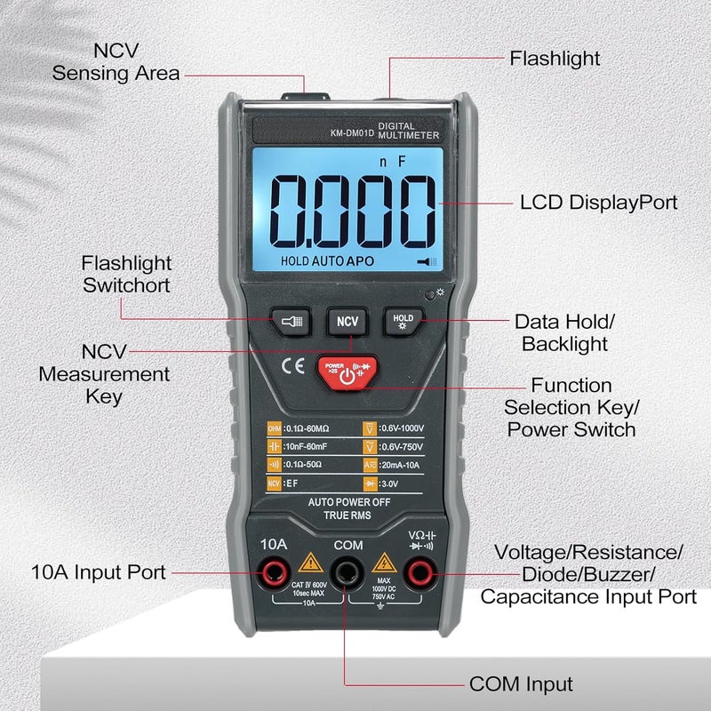 مقياس متعدد رقمي ذكي نطاق تلقائي 6000 عد كشف الجهد NCV شاشة LCD مع إضاءة خلفية - Image 3
