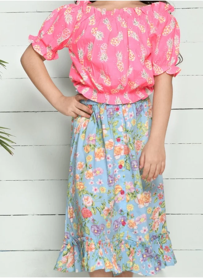 ليلك Pineapple Print Bardot Top with Floral Skirt Set