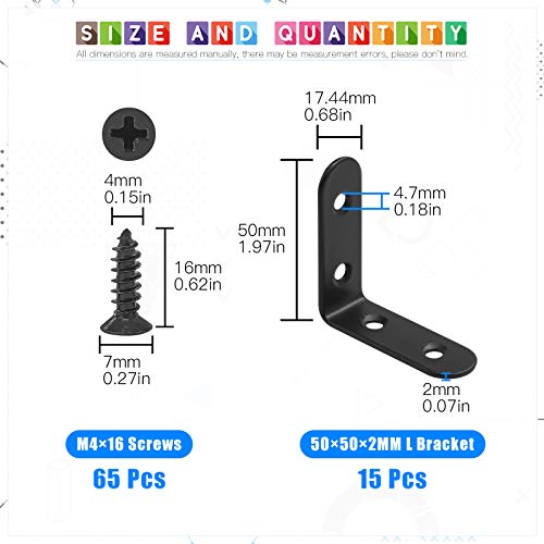 Glarks 15 Set 50mm Black L Bracket Right Angle Corner Brace Joint Fastener for Wood Chair Bookshelf Board Window Furniture Cabinet 50x50x2mm - Image 3