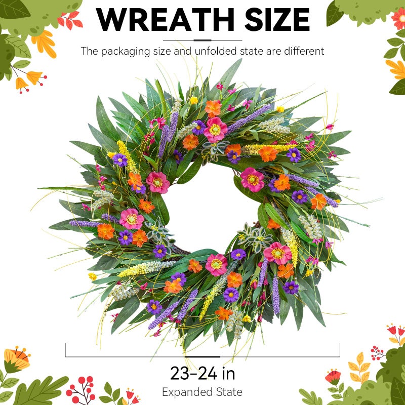 wreathqueen Spring Wreaths for Front Door 24 Inch - Outdoor Spring Summer Wreath with Wildflower and Green Leaves,Front Door Wreath for Farmhouse Home Porch Wall Decor - Image 2