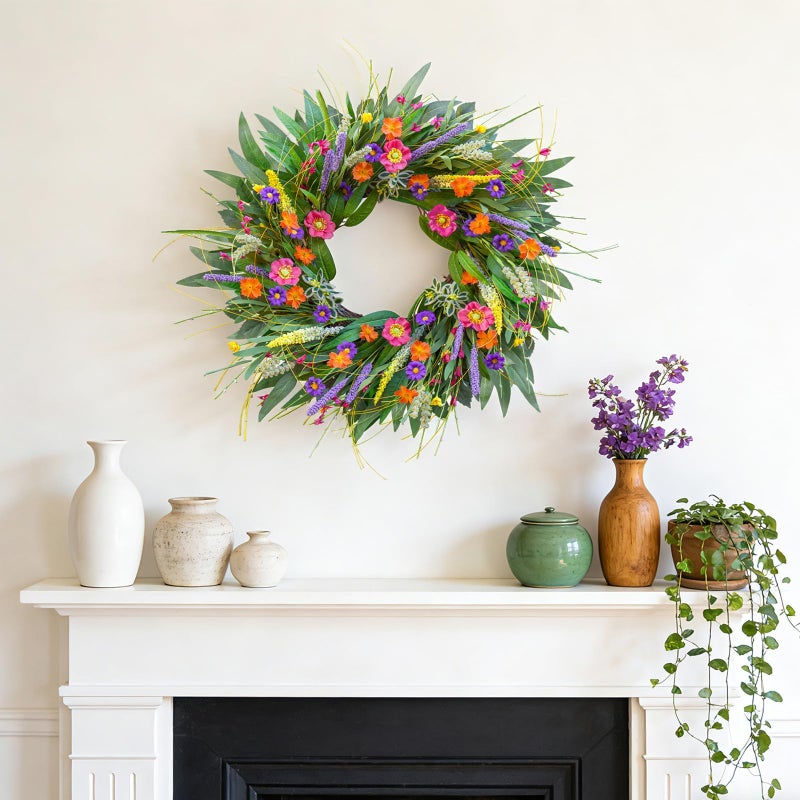 wreathqueen Spring Wreaths for Front Door 24 Inch - Outdoor Spring Summer Wreath with Wildflower and Green Leaves,Front Door Wreath for Farmhouse Home Porch Wall Decor - Image 5