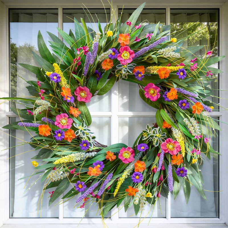 wreathqueen Spring Wreaths for Front Door 24 Inch - Outdoor Spring Summer Wreath with Wildflower and Green Leaves,Front Door Wreath for Farmhouse Home Porch Wall Decor - Image 4