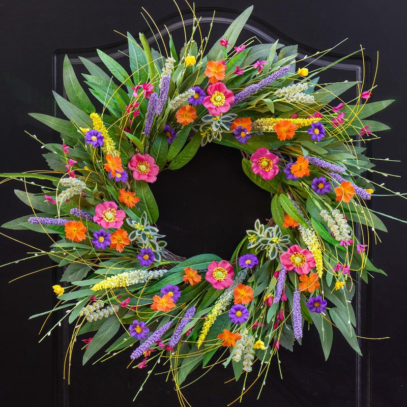 wreathqueen Spring Wreaths for Front Door 24 Inch - Outdoor Spring Summer Wreath with Wildflower and Green Leaves,Front Door Wreath for Farmhouse Home Porch Wall Decor - Image 1