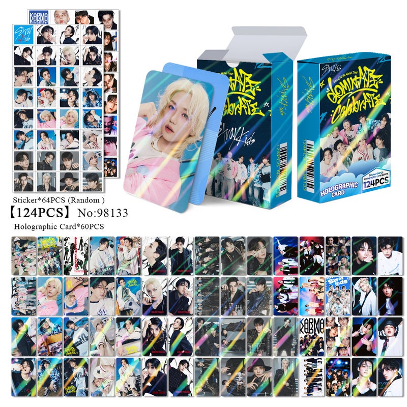 STRAYKIDS 124PCS Holographic Cards & Star Stickers Set – 60PCS Holographic LOMO Cards + 64PCS Random Celebrity Stickers for DIY Scrapbooking, Album Decoration, Journaling, and Birthday Gift for Teens