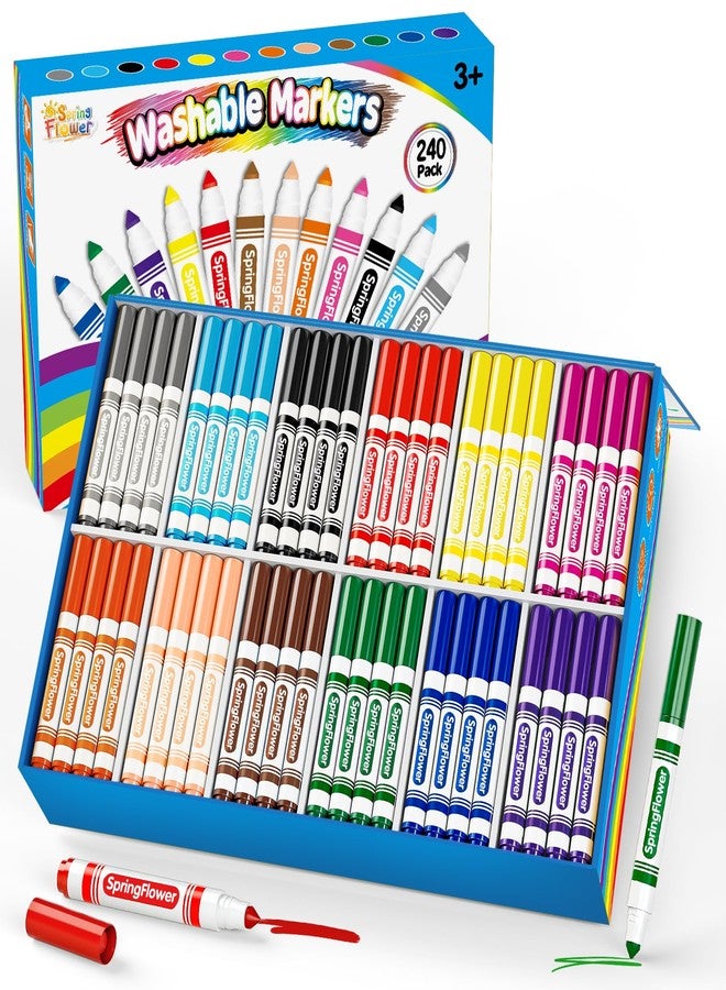 spring flower SpringFlower 240 Count Washable Markers Bulk, Markers Bulk Back to School Classroom Supplies In 12 Assorted Colors, Broad Tip for Kids, Classroom School Teacher Must Haves - Image 1