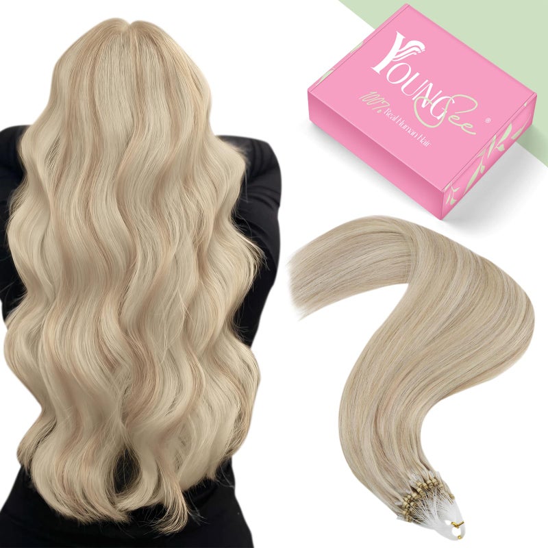 YoungSee Microlink Hair Extensions Human Hair Blonde Micro Beads Hair Extensions Ash Blonde Highlight Bead Hair Extensions Real Human Hair Fashion 16 Inch Cold Fusion Hair Extensions Invisible 50g 50s