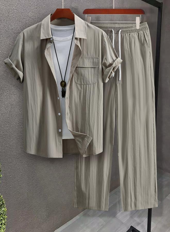 Take Two Men Plus Size Textured Shirt and Pants Co-ord Set - Image 1