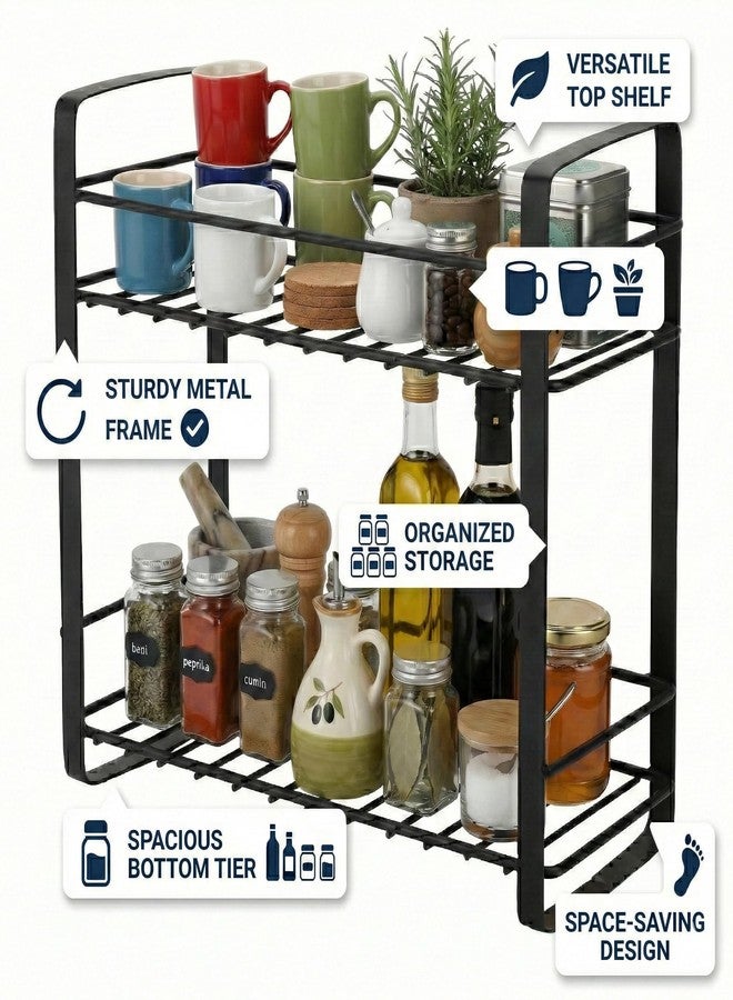 VK15 COLLECTION Stainless Steel 2 Tier Kitchen Rack | Countertop Storage Shelf Stand for Spice Rack, Jars, Oil Bottles, Bathroom Toiletries | Multipurpose Space Saving Storage Rack (Black, 32x13x29 CM) - Image 2