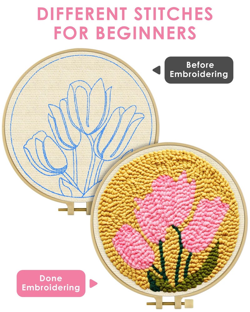 TINDTOP Punch Needle Embroidery Kits, Tulip Punch Needle Kits for Adults Beginner, Tool with Punch Needle Fabric, Hoops, Yarns and Sewing Needles - Image 2